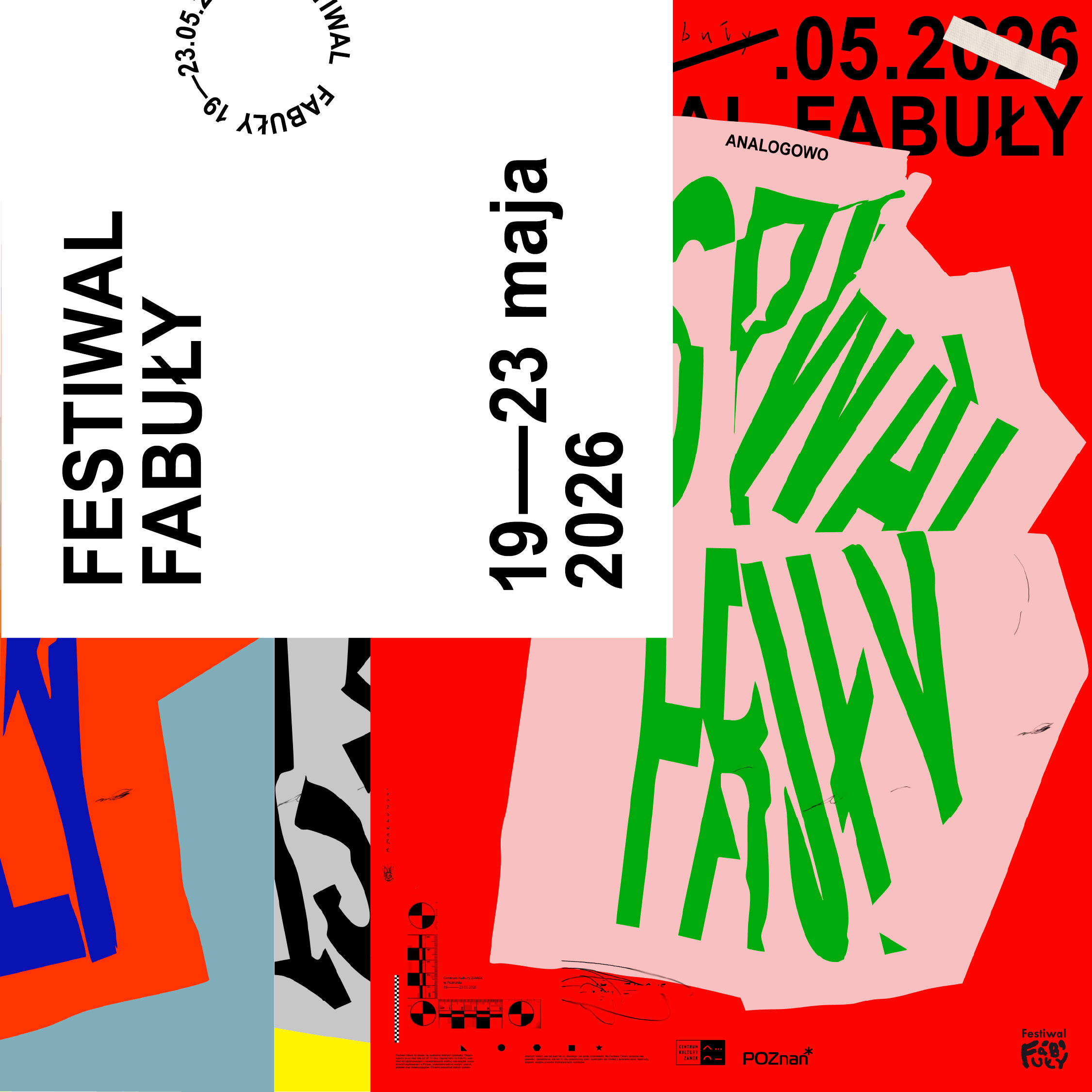 Plakat Festiwalu Fabuły 2026. Autor: Marcin Markowski. Plakat w wielu kolorach. Imituje zgniecione kartki papieru, na których jest napis Festiwal Fabuły 2026